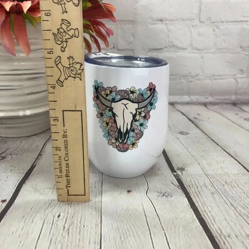 Boutique NWT Stemless insulated wine tumbler cow skull steer bull boho western